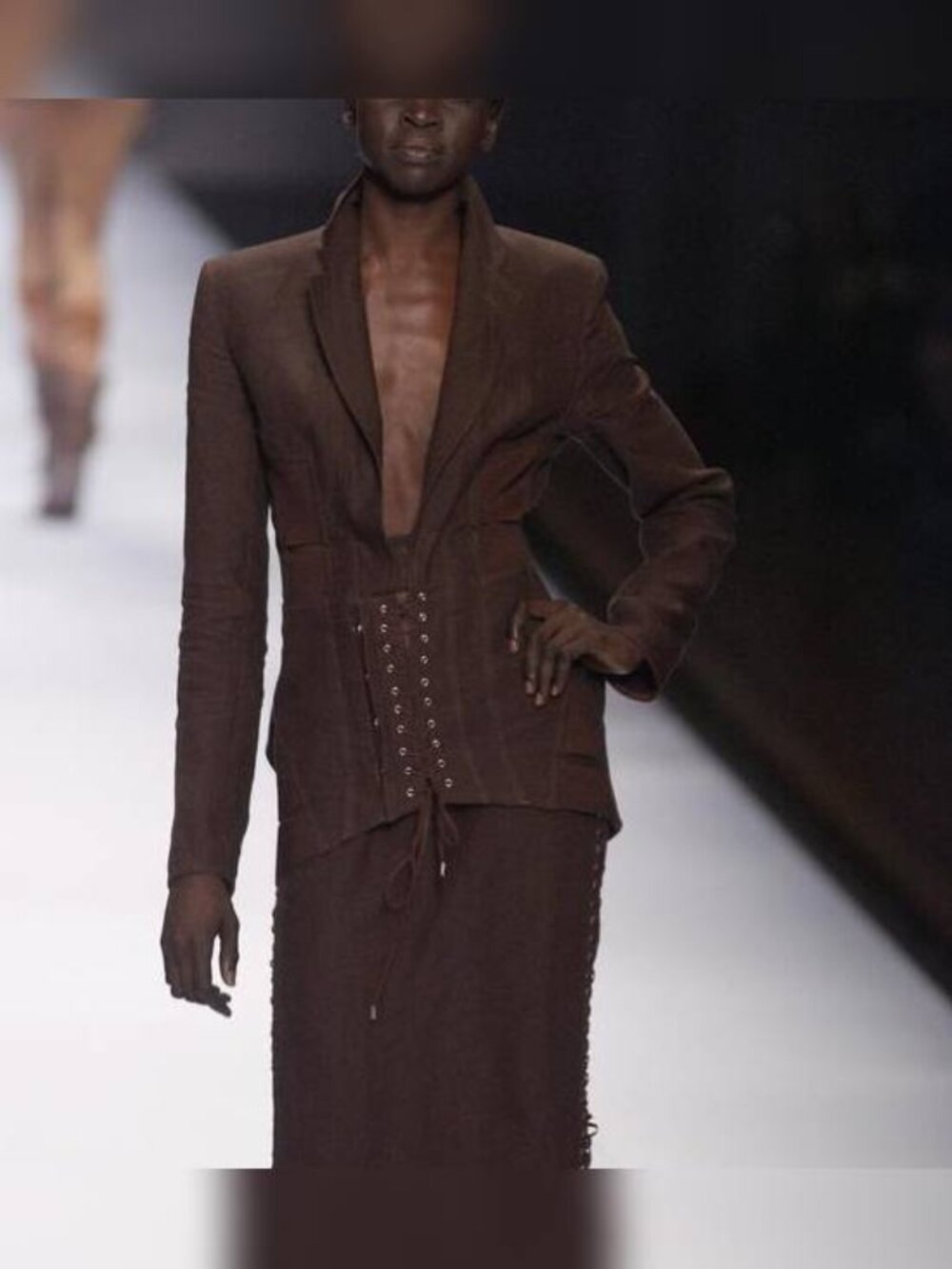 Jean Paul Gaultier Femme SS04 Runway Brown Linen Cutout Lace-Up Blazer